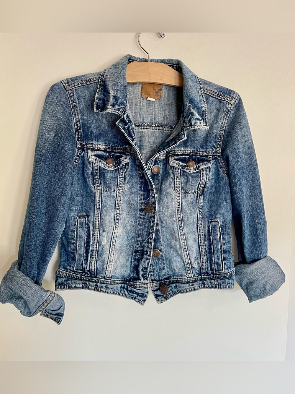 American Eagle Outfitters Distressed Light Blue Denim Jacket